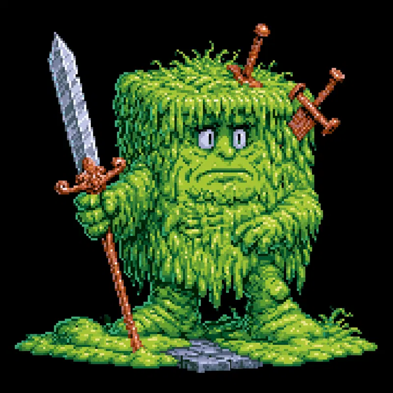 Pixel Art Illustration of a Green Mossy Creature Holding a Sword