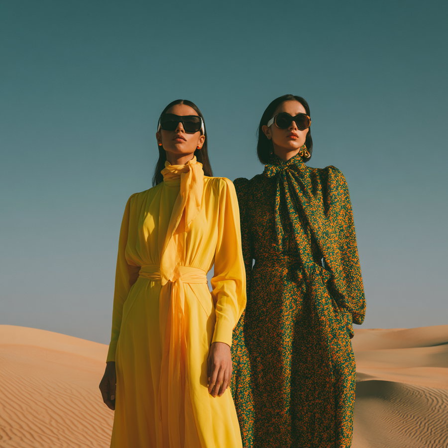 Two women standing in a sandy desert wearing elegant long-sleeve dresses, one in bright yellow and the other in dark floral pattern, both with large sunglasses, clear blue sky background