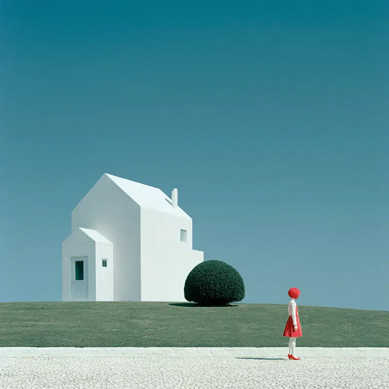 Minimalist wall art featuring a white house and a solitary figure in red against a muted blue sky