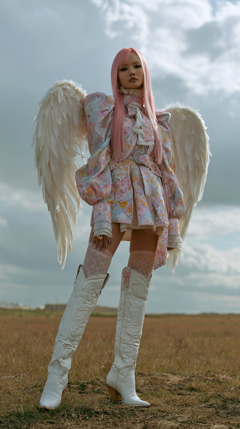A woman stands in an outdoor field under a cloudy sky wearing large white angel wings, a colorful patterned dress, knee-high white boots, and pink hair.