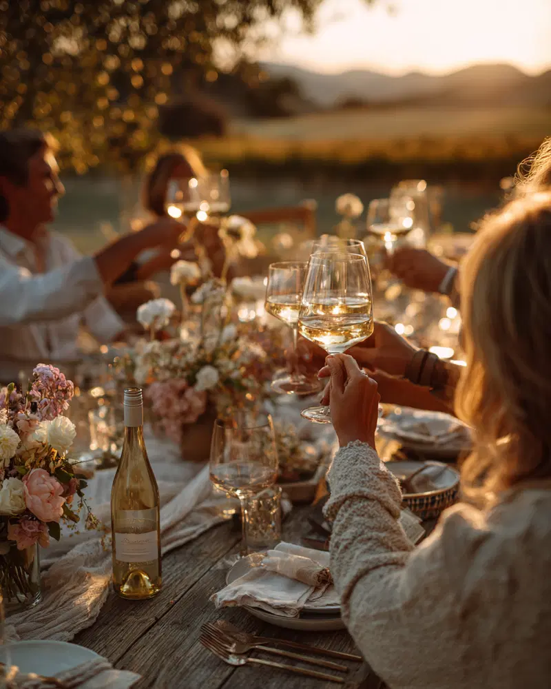 Golden hour outdoor dining scene with a warm and inviting atmosphere