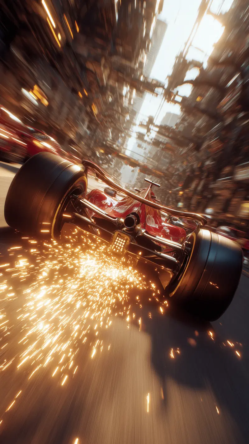Dynamic modern art print of a racing car sparking in city street