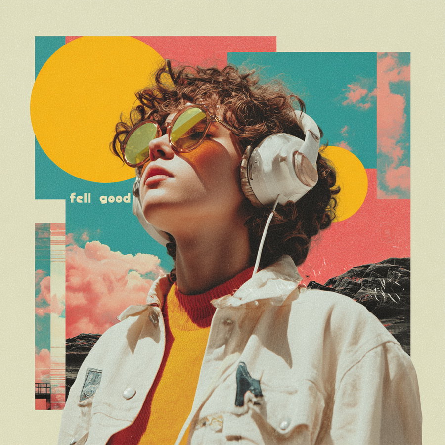 Person with curly hair wearing large white headphones, yellow sunglasses, and a light jacket over a mustard sweater, set against a colorful geometric backdrop with yellow circles, blue and pink rectangles, and a pink sky with clouds