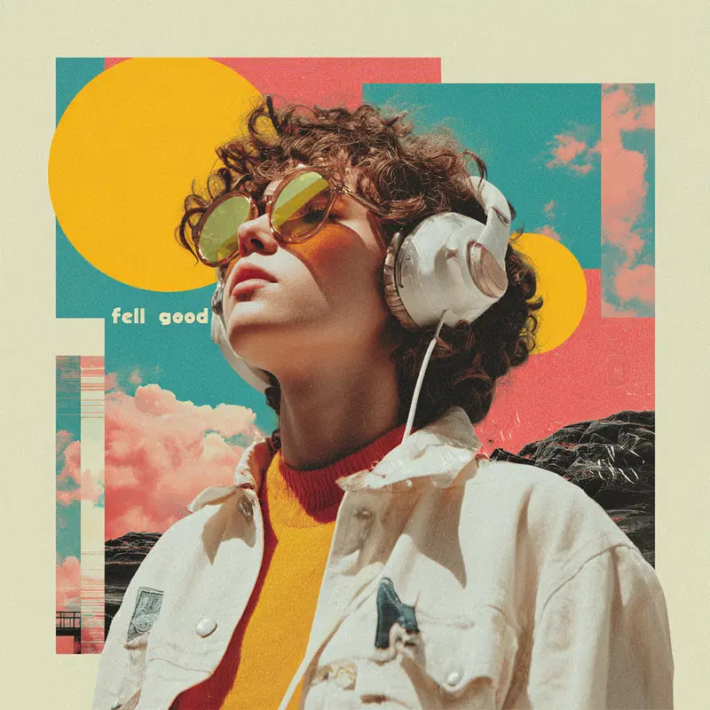 Modern wall art featuring a person with headphones in vibrant geometric background
