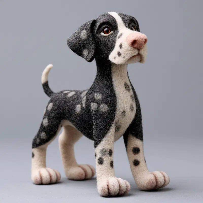 Handcrafted felt sculpture of a Dalmatian dog with detailed features