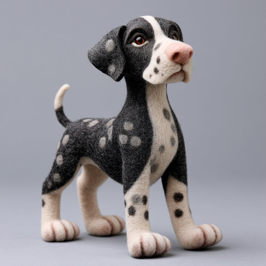 A realistic felt sculpture of a Dalmatian dog with black and white fur, spots, and a pink nose, standing on a gray surface