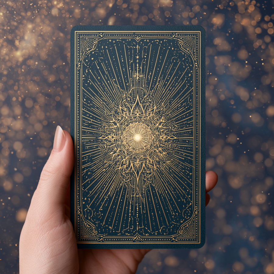Hand holding a tarot card featuring an intricate gold design with rays and a central star on a dark background