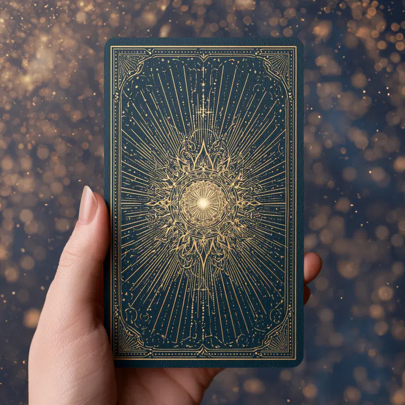 Intricately designed tarot card back with gold celestial pattern