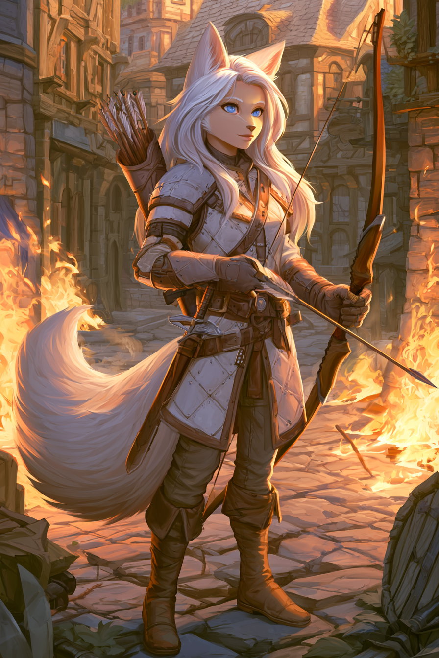 A white anthropomorphic fox character with blue eyes and long hair, dressed in medieval-style armor, holding a bow and arrow, standing on a cobblestone street with buildings and fire in the background.