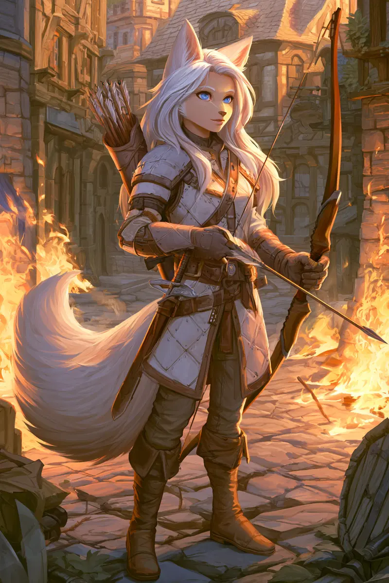 Fantasy artwork of a white fox-like anthropomorphic archer in medieval armor