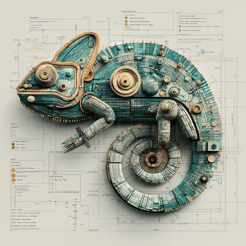 Intricate mechanical chameleon illustration with blueprint design details