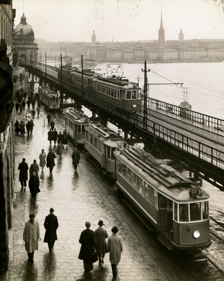 Black and white vintage photo showing multiple trams traveling along street and elevated tram tracks beside a river or large body of water with city skyline in the background and pedestrians walking on wet cobblestone pavement.