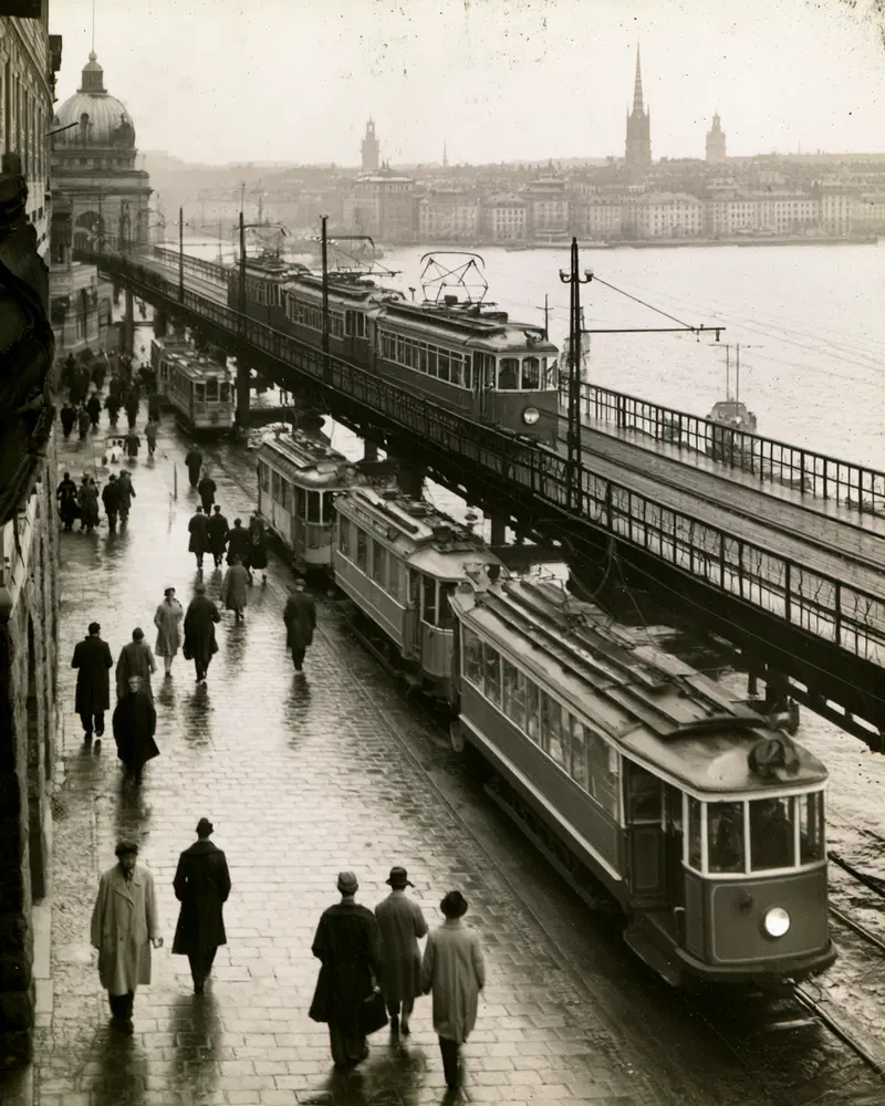 Black and white vintage photograph of trams and people on a rainy cobblestone street near a waterfront