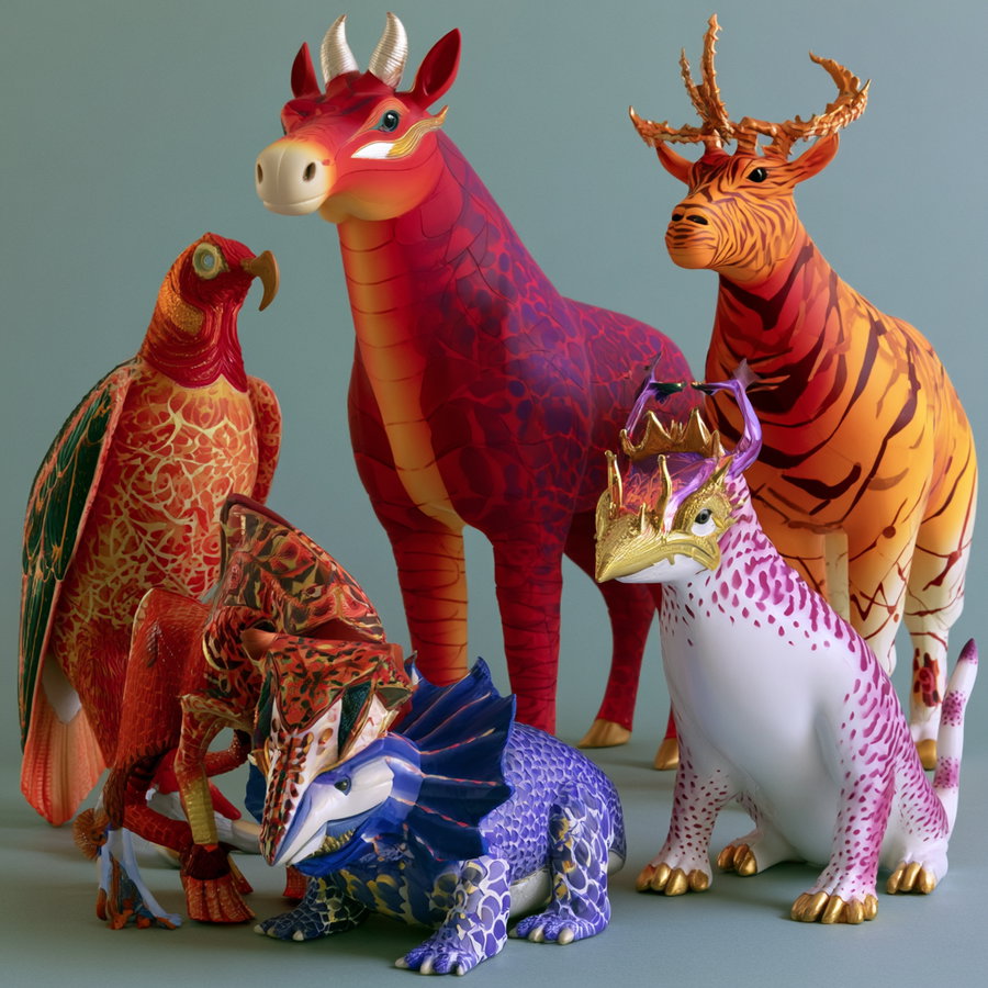 A group of vibrant animal sculptures including a red dragon, a striped deer with antlers, a parrot, a lizard with a frill, and a spotted creature with golden mask-like face adornments, all placed against a muted background.