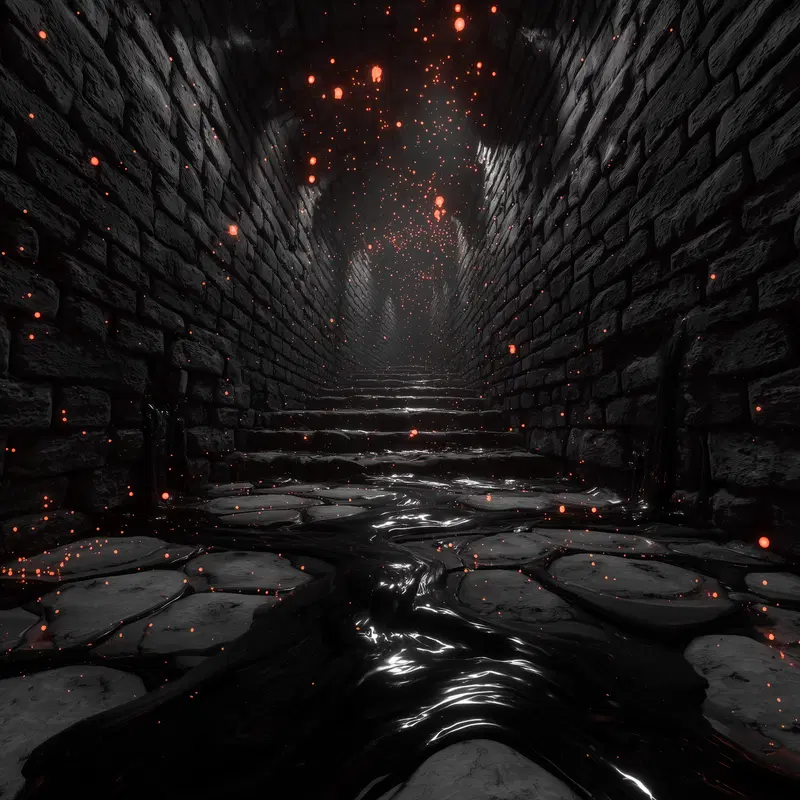 Dark mysterious underground stone tunnel with glowing embers and flowing black liquid