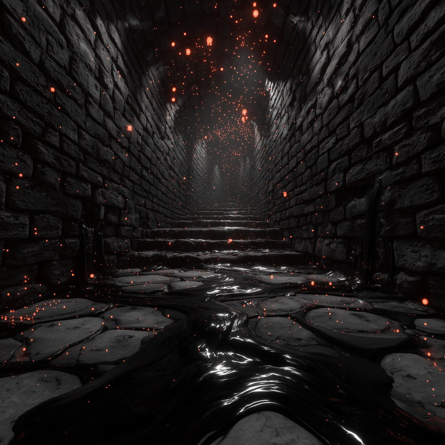 Stone tunnel with dark bricks, flowing black liquid over stone surface, and glowing orange embers floating in the air