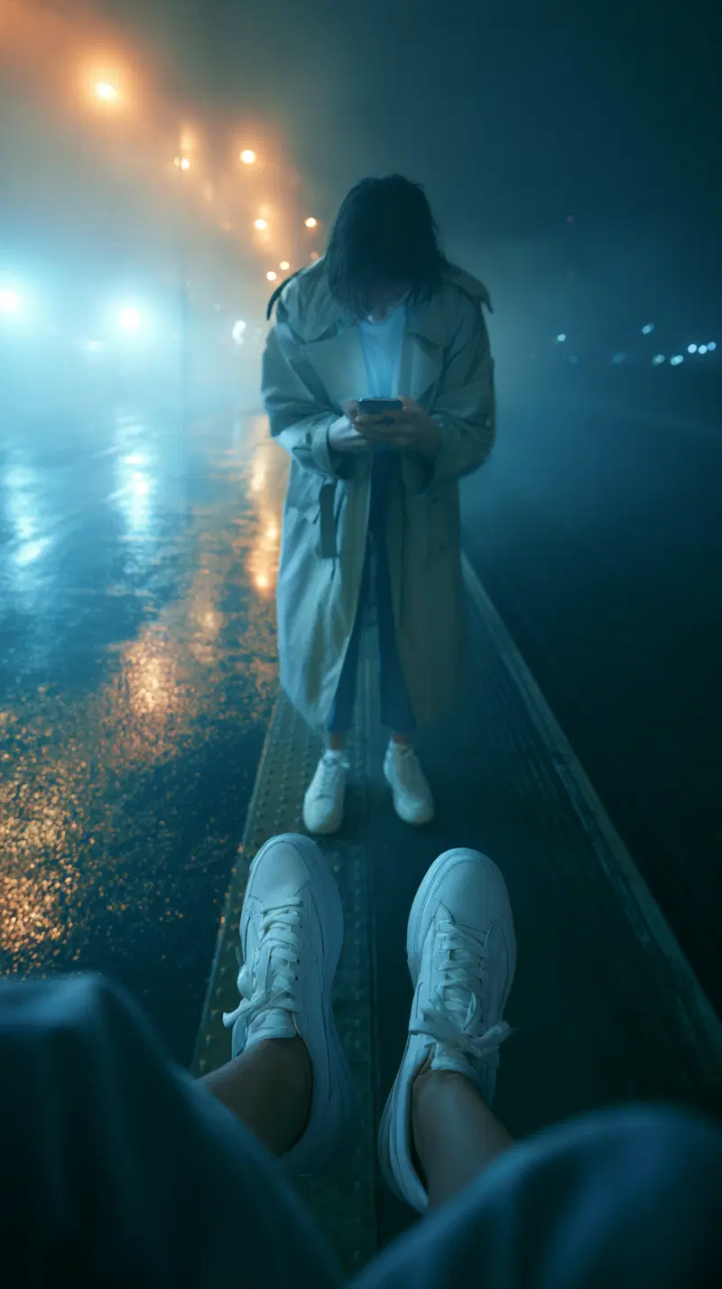 Moody night scene with a person checking their phone on a dimly lit platform