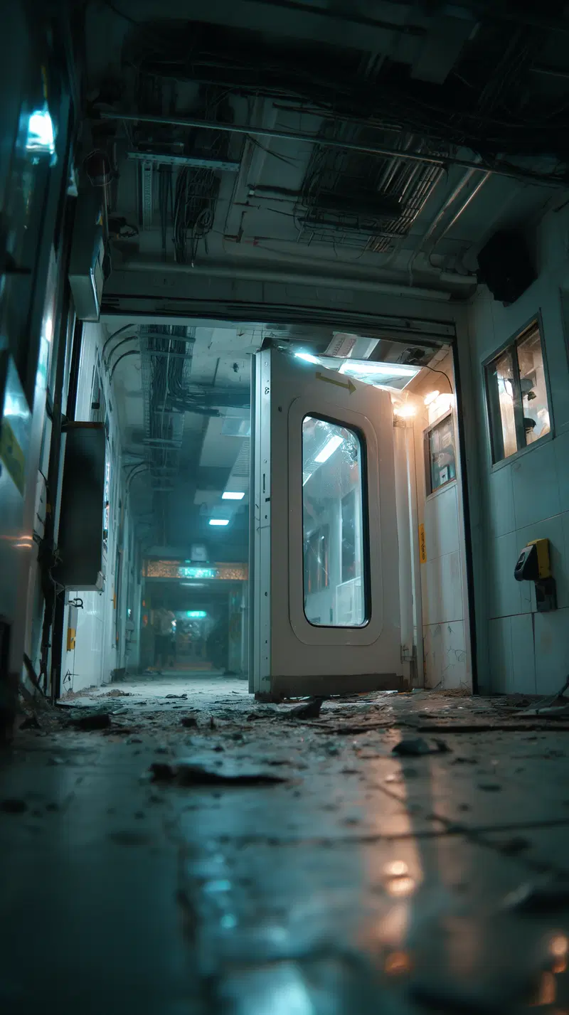 Gritty low-angle view of a dimly lit industrial hallway with scattered debris