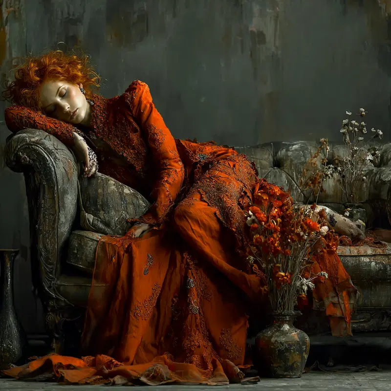 Elegant woman in a vintage orange dress resting on a worn couch