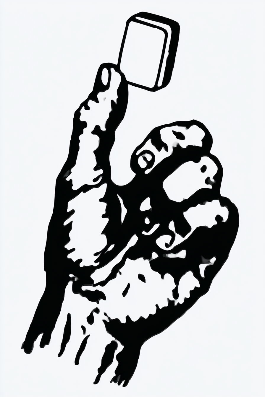 A black and white line drawing of a hand holding a small rectangular object between the thumb and forefinger on a white background