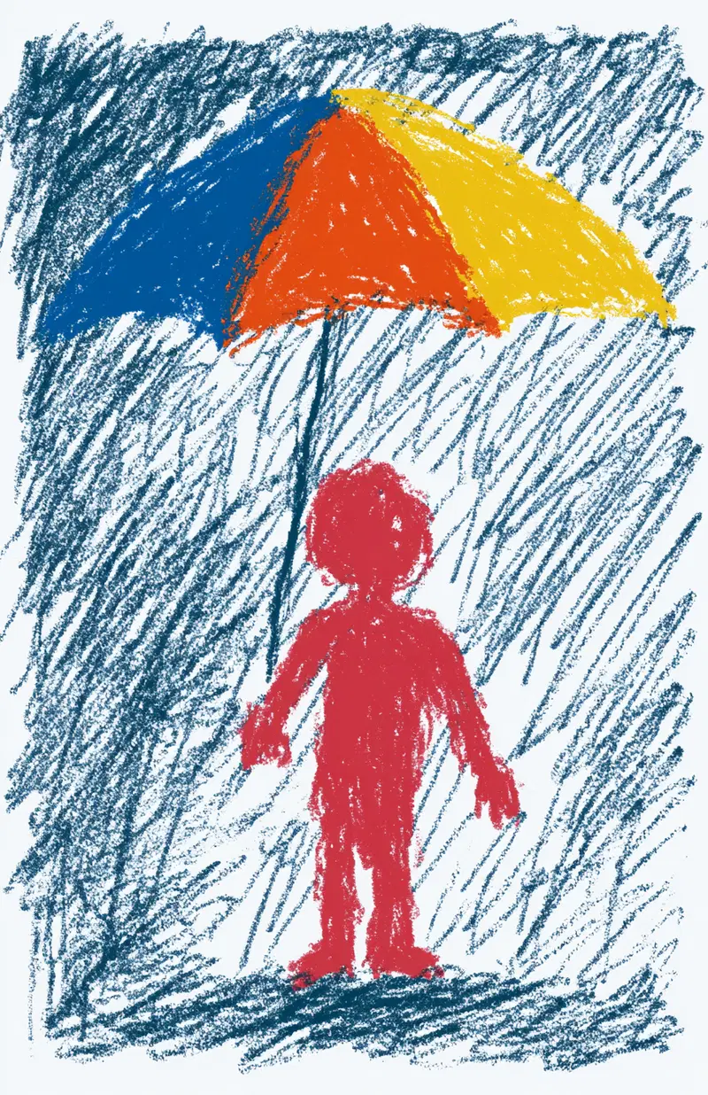Childlike crayon drawing of a person holding a colorful umbrella