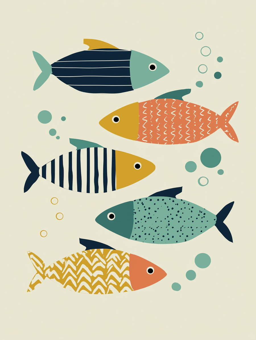 Illustration of five stylized fish of various colors and patterns swimming with bubbles on a beige background