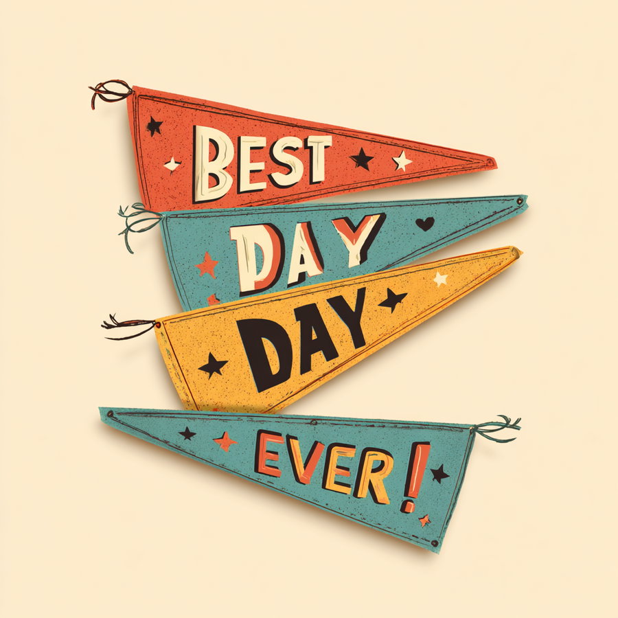 Four colorful vintage pennant flags arranged vertically with the words Best Day Day Ever on a beige background
