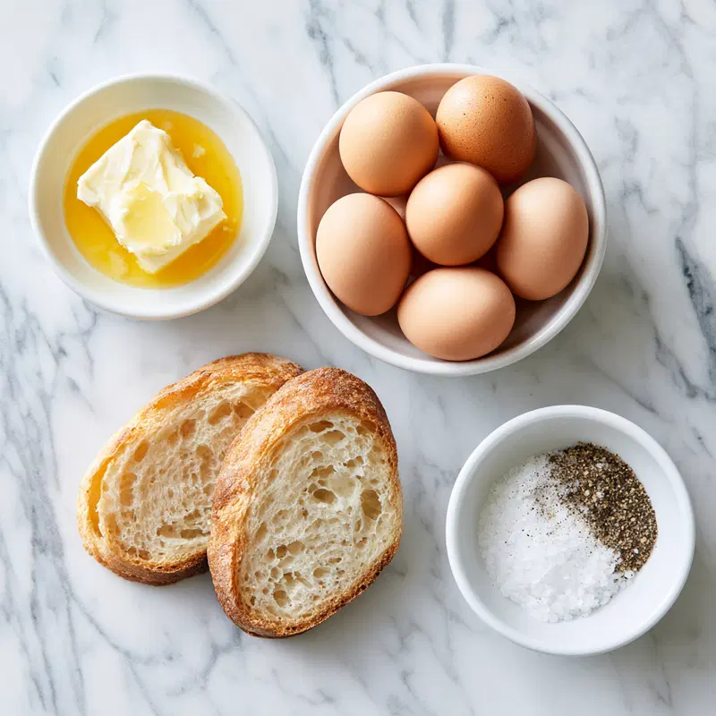 Overhead view of baking ingredients including eggs, bread, butter, and seasoning
