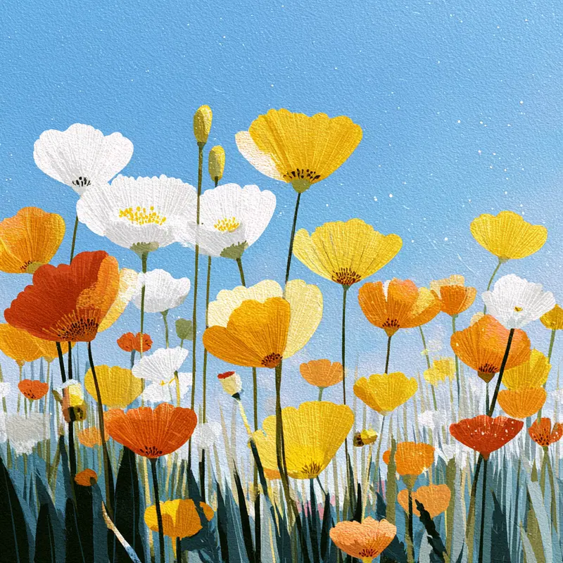 Bright and colorful floral art print featuring yellow and white flowers