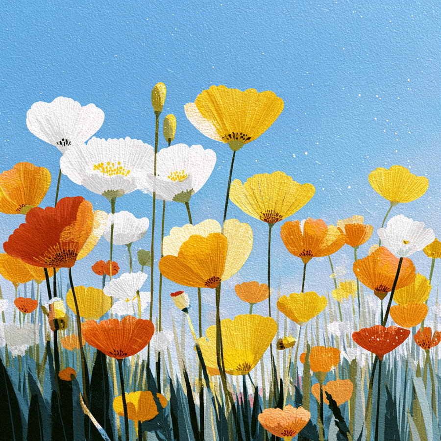 Artwork of various yellow, white, and orange poppy flowers with green stems against a bright blue sky background