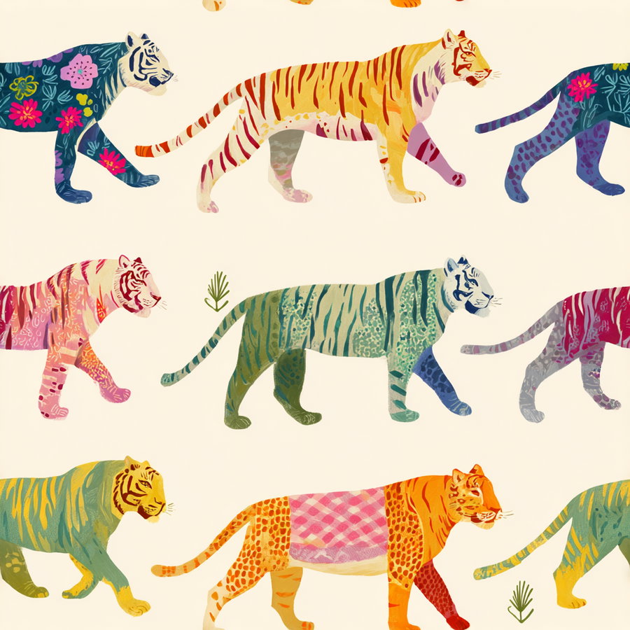 Multiple tiger illustrations decorated with unique colorful patterns on a light background