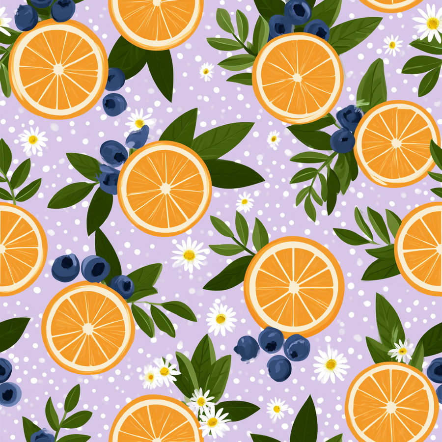 Pattern with orange slices, clusters of blueberries, green leaves, and small white daisies on a light purple background with white dots