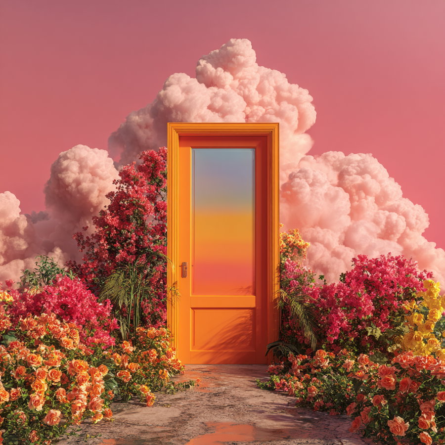 An orange door standing in the middle of vibrant blooming flowers with large pink clouds in the background