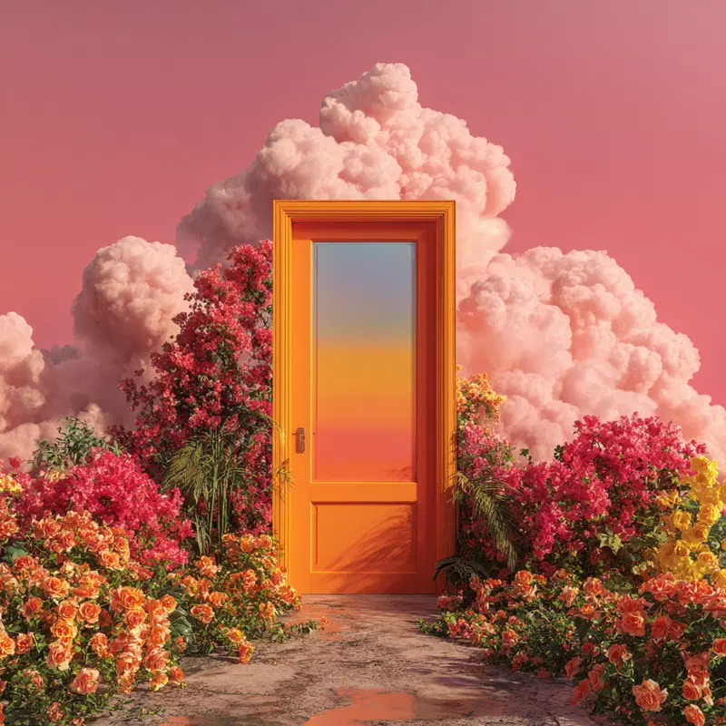 Surreal floral composition with vivid blossoms and a bright door