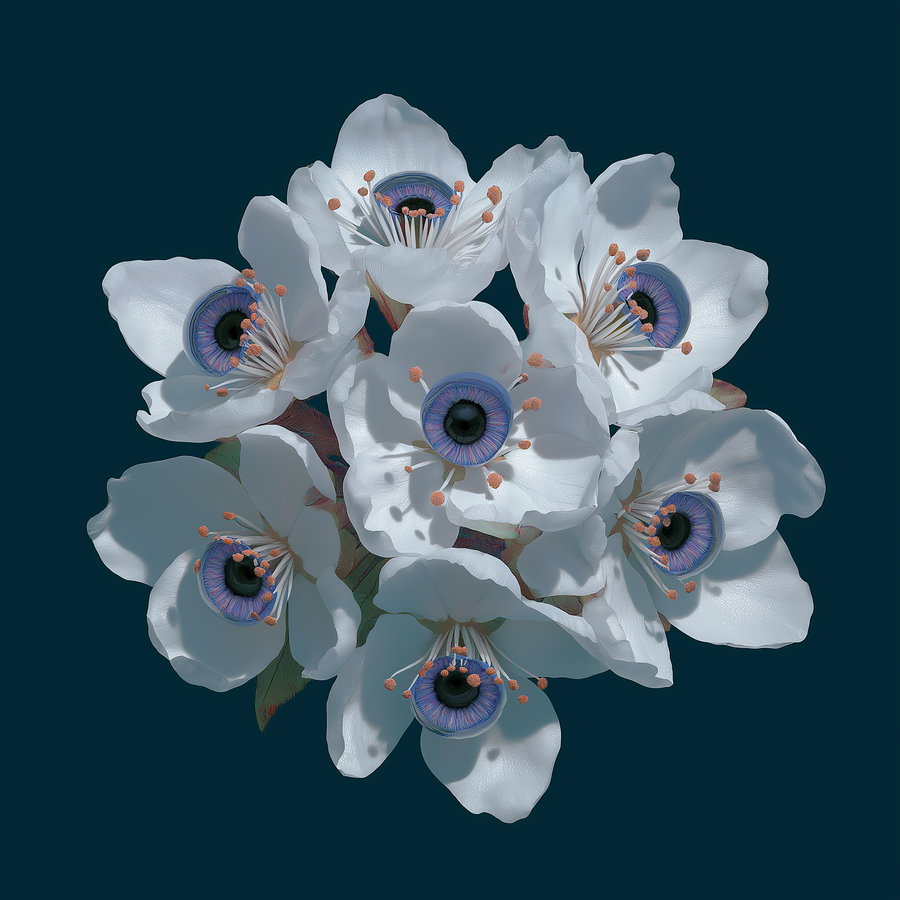 A digital artwork showing a bouquet of white flowers with bright blue human-like eyes in the center of each flower on a dark teal background