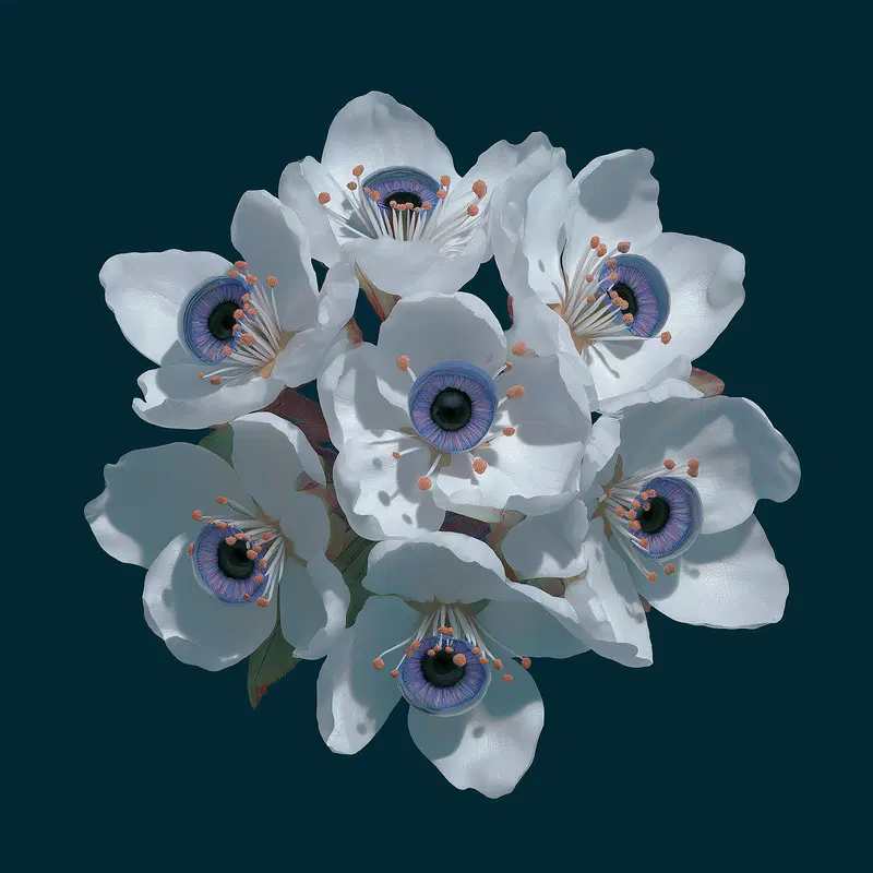 Surreal white flowers with blue eye centers on dark background