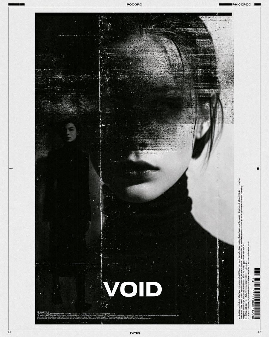 Black and white poster featuring a large close-up portrait of a woman with abstract textured overlays and a smaller full-body image of the same woman, dressed in dark clothing, with the word VOID at the bottom