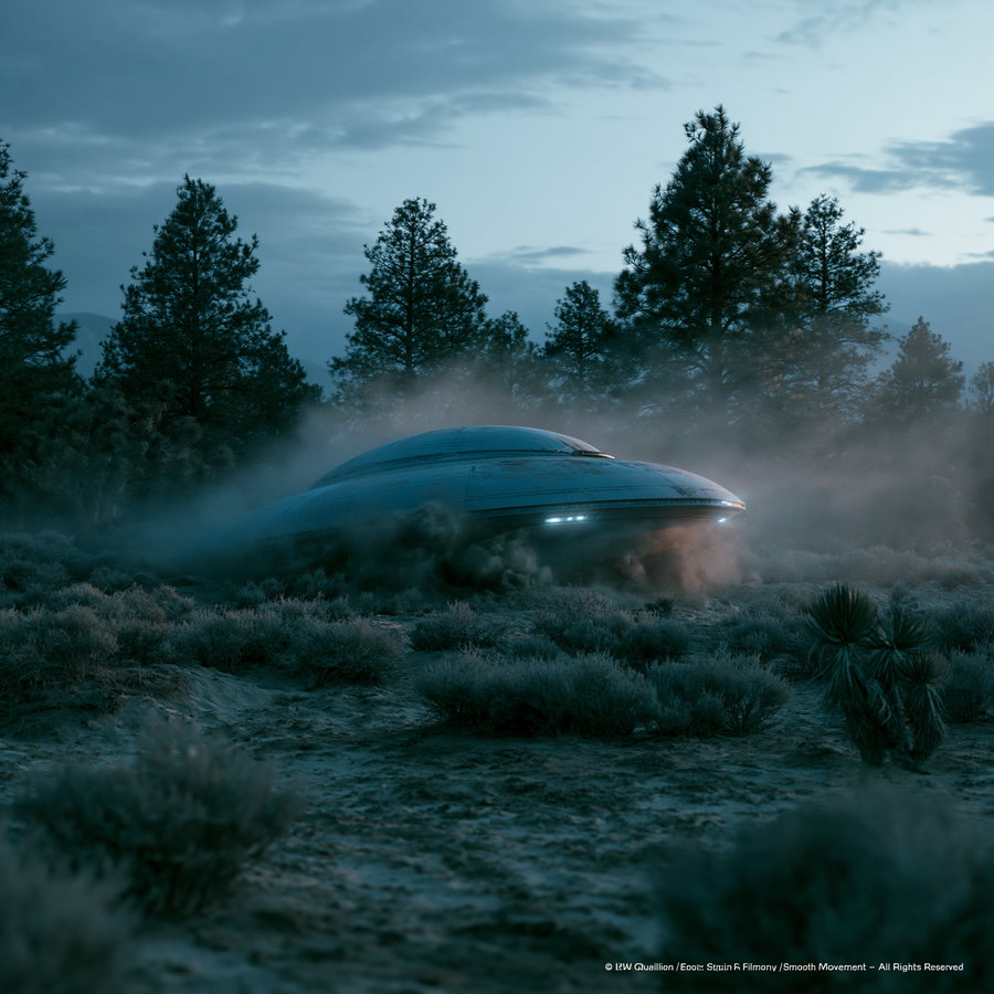 A metallic flying saucer hovering low among trees with mist and dust swirling around in a forest landscape during twilight