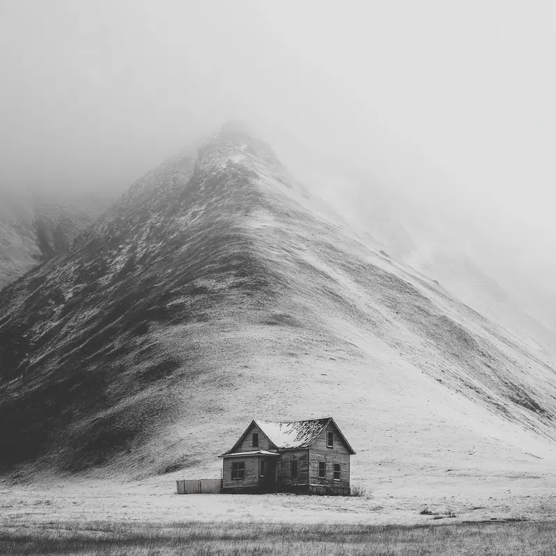 Black and white photo of a solitary house with a mountain and fog in the background