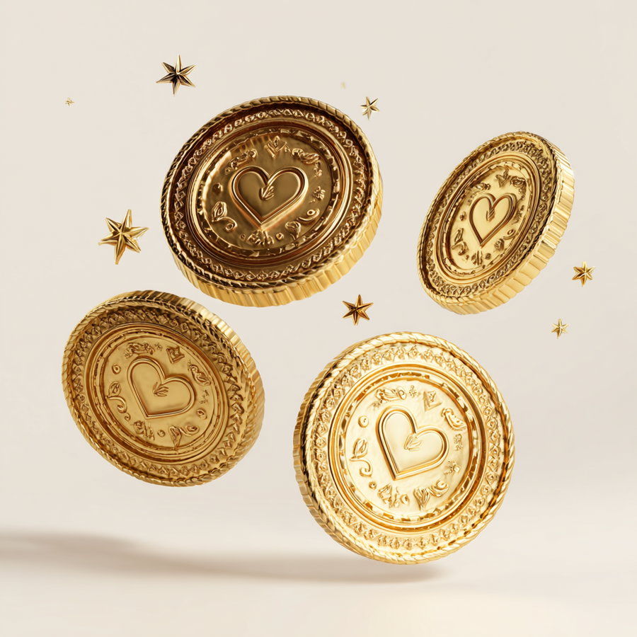 Four gold coins with embossed heart designs and small gold stars floating around on a beige background