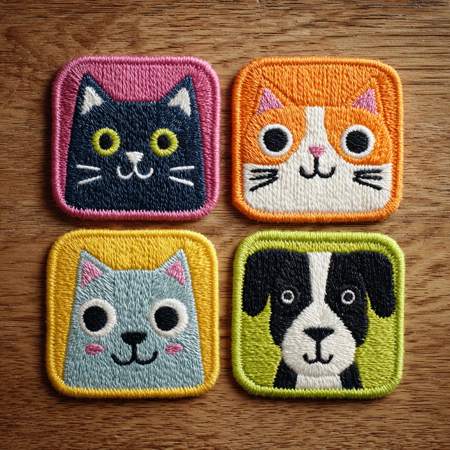 Four embroidered patches on a wooden surface, each with a square shape and colorful border. Top left is a black cat on a pink background, top right is an orange and white cat on an orange background, bottom left is a gray cat on a yellow background, and bottom right is a black and white dog on a green background.