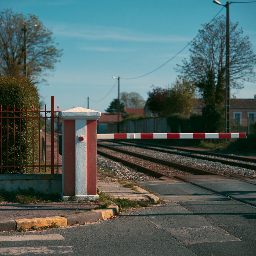 Red and white striped railway crossing gate closed across a road with train tracks and trees in the background