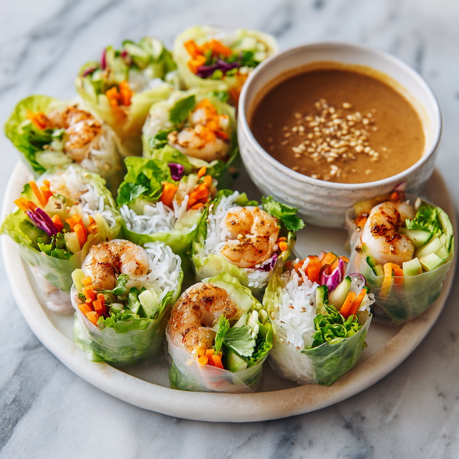 A round marble plate holds several fresh shrimp spring rolls filled with lettuce, noodles, and vegetables, arranged around a bowl of peanut dipping sauce topped with sesame seeds.