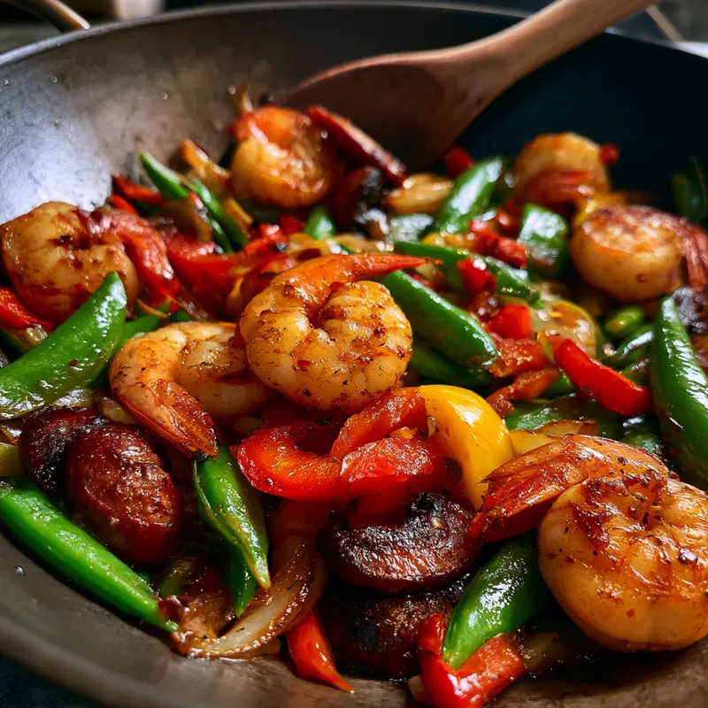 Colorful stir-fry with shrimp, sausage, and vegetables cooking in a pan