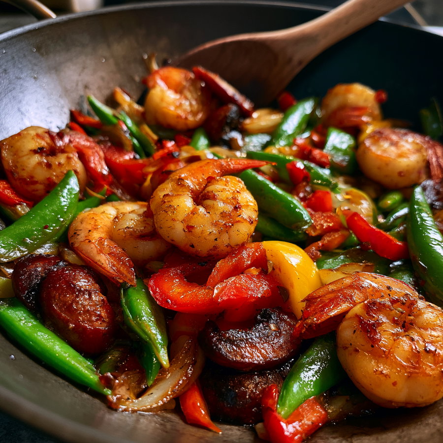 Close-up of a pan with cooked shrimp, sausage slices, green snap peas, red and yellow bell peppers, and onions with a wooden spoon