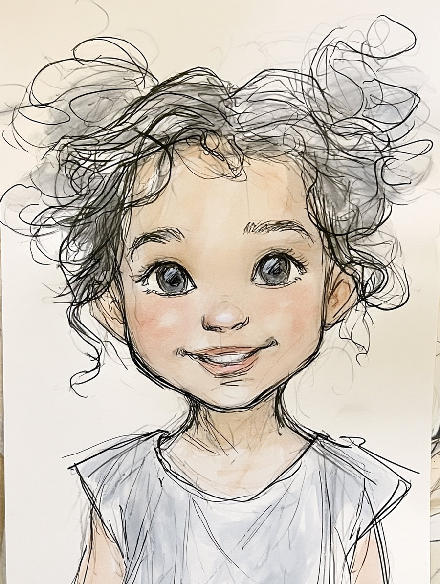 Watercolor and pen illustration of a young child with curly hair, large expressive eyes, and a gentle smile wearing a light-colored shirt