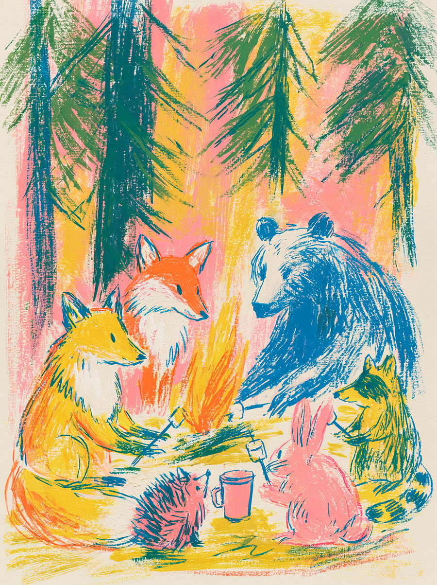 A hand-drawn style illustration showing a blue bear, two orange foxes, a raccoon, a pink rabbit, and a small porcupine gathered around a campfire roasting marshmallows, with green pine tree branches above and a warm yellow and pink background.