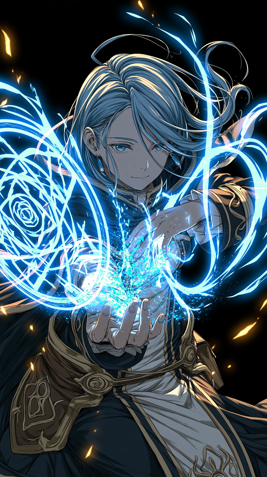 Illustration of a person with blue hair and blue eyes wearing a detailed robe and conjuring glowing blue magical energy swirling around their hands on a black background