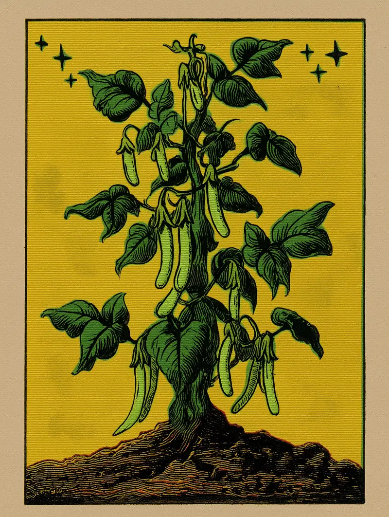 Vintage botanical illustration of a green pea plant with pods on yellow background
