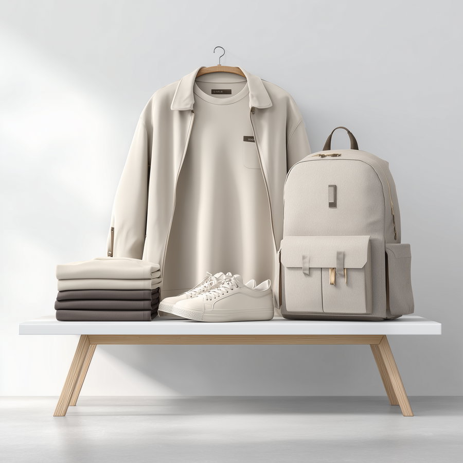 Beige jacket on hanger, cream sweatshirt, beige sneakers, stacked folded clothes in shades of beige and brown, and a beige backpack arranged on a white bench with wooden legs against a light gray background